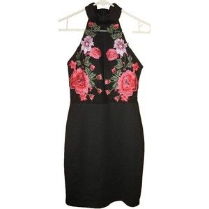 B Darlin Black Halter Neck Sheer Fitted Sheath Bodycon Cocktail Dress Sz S Roses